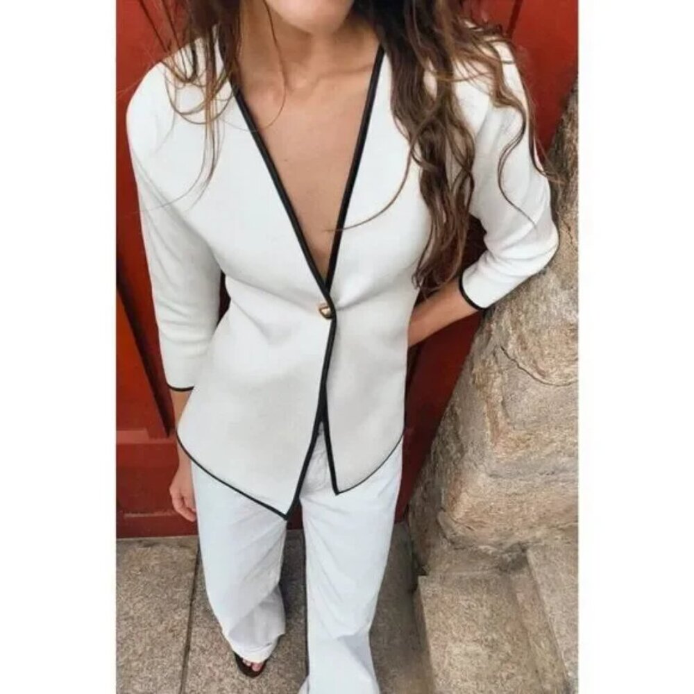Zara Blazer Jacket White Crossover with Contrast Black Trim